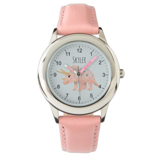 Girls Cute Modern Pink Triceratops Dinosaur Kids Watch