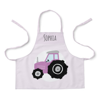 Girls Cute Modern Purple Farm Tractor & Name Kids Apron