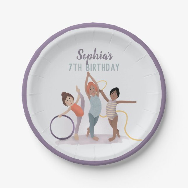 Girls Cute Modern Purple Gymnastics Kids Birthday Paper Plates (Front)