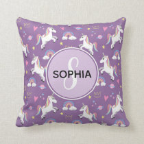 Girls Cute Monogrammed Purple Unicorn Pattern Kids Throw Pillow
