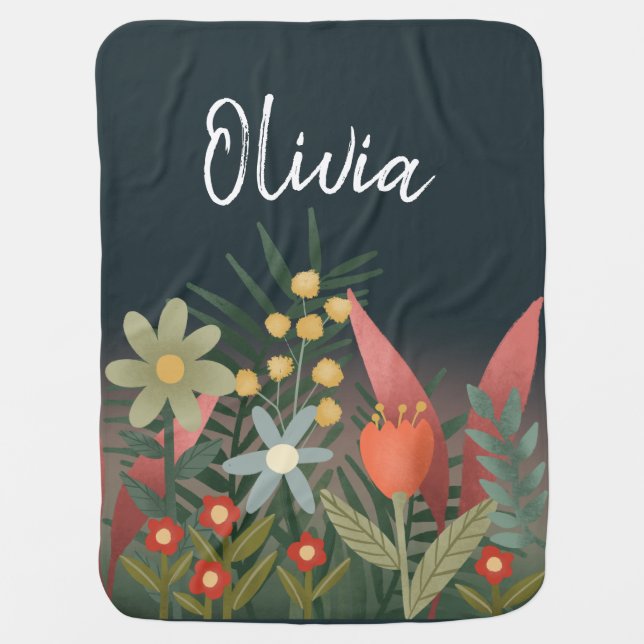 Girls Cute Navy Blue Modern Botanical Flowers Baby Blanket (Front)