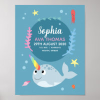 Girls Cute Ocean Narwhal Birth Stats Baby Nursery Poster