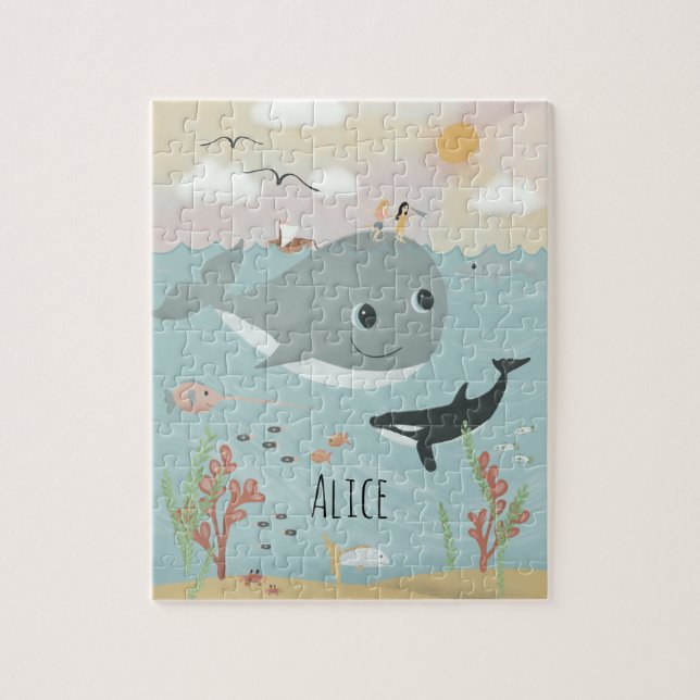Girls Cute Ocean Orca and Whale Kids Jigsaw Puzzle (Vertical)