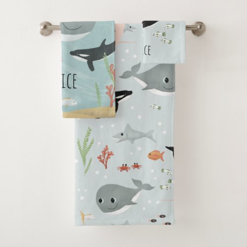 Girls Cute Ocean Whale and Sea Pattern Kids Bath T Bath Towel Set