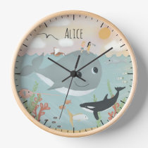 Girls Cute Ocean Whale Illustration Kids Nursery Clock