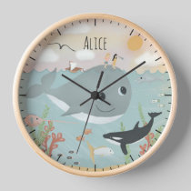 Girls Cute Ocean Whale Illustration Kids Nursery Clock