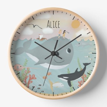 Girls Cute Ocean Whale Illustration Kids Nursery Clock