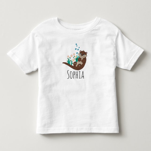 Girls Cute Otter Cartoon and Flowers Toddler T-shirt (Front)