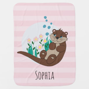 Girls Cute Otter Cartoon Flowers and Name Baby Blanket
