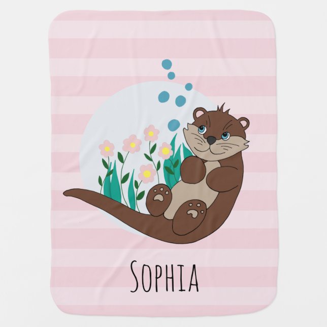 Girls Cute Otter Cartoon Flowers and Name Baby Blanket (Front)