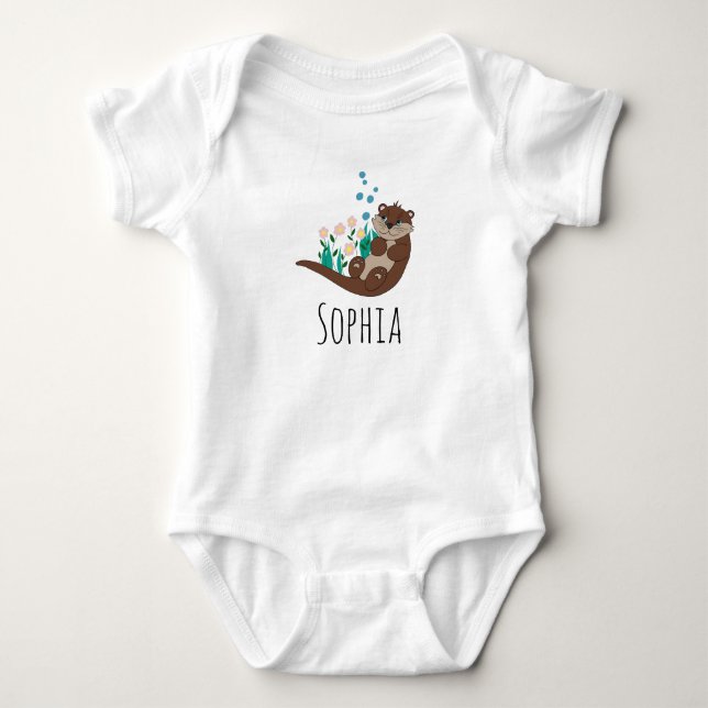 Girls Cute Otter Cartoon Flowers and Name Baby Bodysuit (Front)