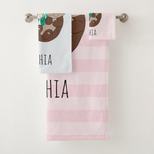 Girls Cute Otter Cartoon Flowers and Name Kids Bath Towel Set