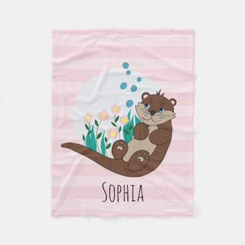 Girls Cute Otter Cartoon Flowers and Name Kids Fleece Blanket