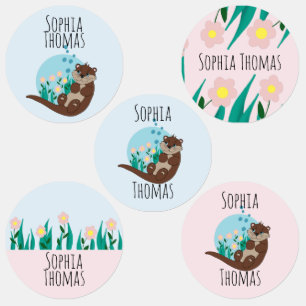 Girls Cute Otter Cartoon Flowers and Name Kids' Labels
