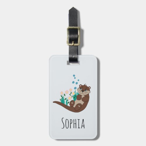 Girls Cute Otter Cartoon Flowers and Name Kids Luggage Tag