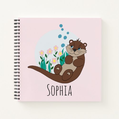 Girls Cute Otter Cartoon Flowers and Name Kids Notebook
