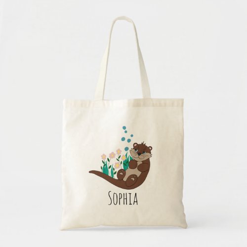 Girls Cute Otter Cartoon Flowers and Name Kids Tote Bag