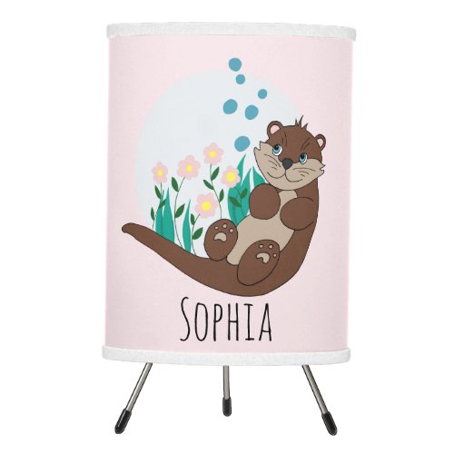 Girls Cute Otter Cartoon Flowers and Name Kids Tripod Lamp