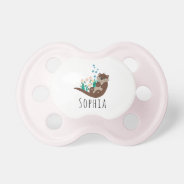 Girls Cute Otter Cartoon Flowers And Name Pacifier at Zazzle