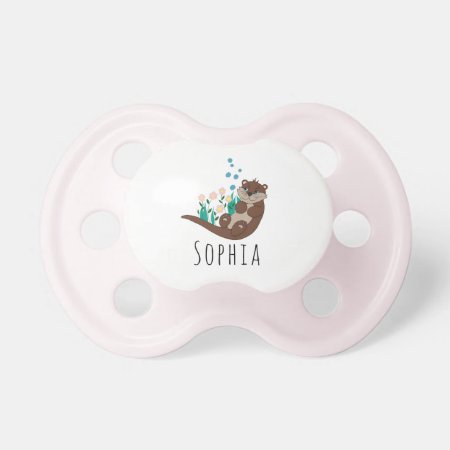 Girls Cute Otter Cartoon Flowers And Name Pacifier