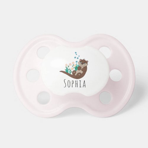 Girls Cute Otter Cartoon Flowers and Name Pacifier