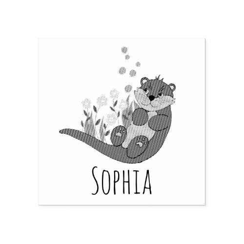 Girls Cute Otter Cartoon Flowers  Name Bookplate Rubber Stamp