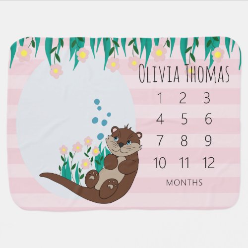 Girls Cute Otter Cartoon Growth  Name Milestone Baby Blanket
