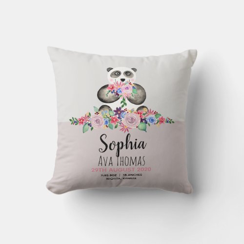 Girls Cute Panda and Flowers Birth Stats Nursery Throw Pillow