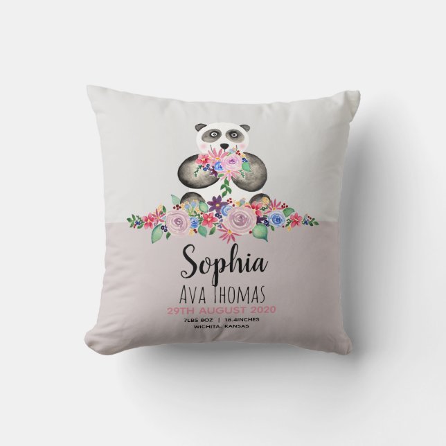 Girls Cute Panda and Flowers Birth Stats Nursery Throw Pillow (Front)