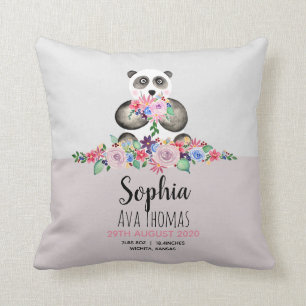 Girls Cute Panda and Flowers Birth Stats Nursery Throw Pillow