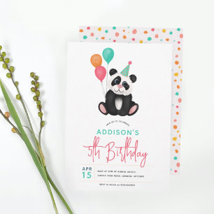 Girls Cute Panda Bear 5th Birthday Party Invitation