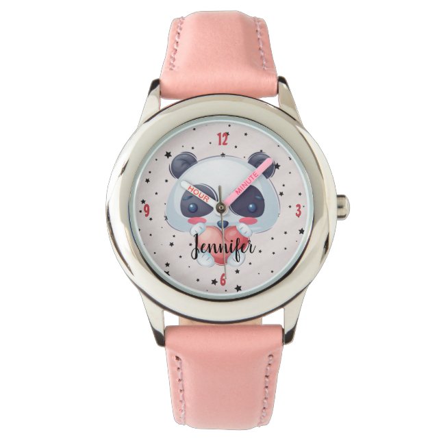 Girls Cute Panda Bear and Stars Custom Name Kids Watch (Front)