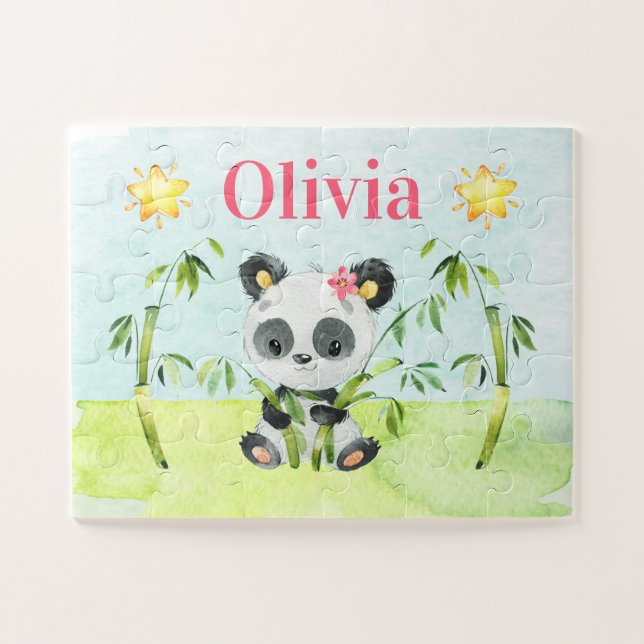 Girls Cute Panda Bear Personalized Kids Jigsaw Puzzle (Horizontal)