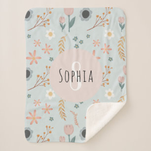 Girls Cute Pastel Floral Print Botanical Kids Sherpa Blanket