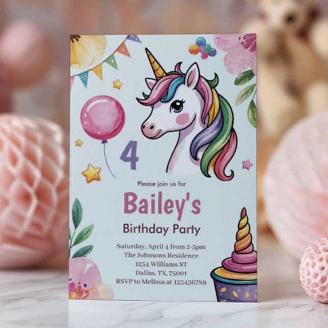Girls Cute Pastel Unicorn Kids 4th Birthday Invitation (Creator Uploaded)