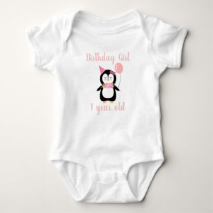 Girls Cute Penguin Pink Birthday Name & Age Baby Bodysuit