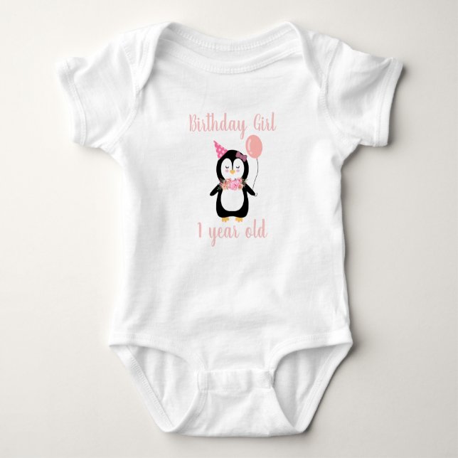 Girls Cute Penguin Pink Birthday Name & Age Baby Bodysuit (Front)