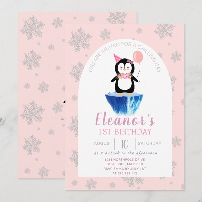 Girls Cute Penguin Winter Pink Birthday Invitation (Front/Back)