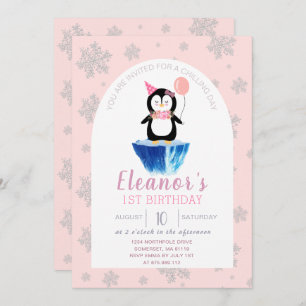 Girls Cute Penguin Winter Pink Birthday Invitation