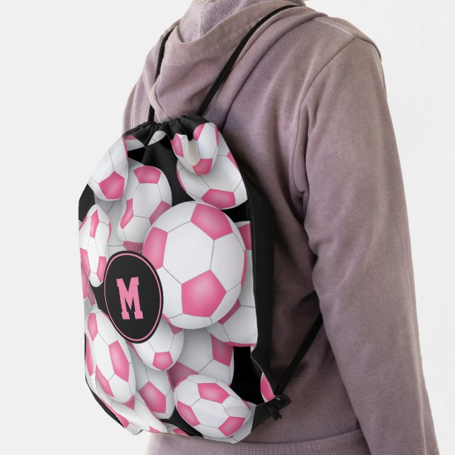 girls cute pink and white soccer balls pattern drawstring bag (Insitu)
