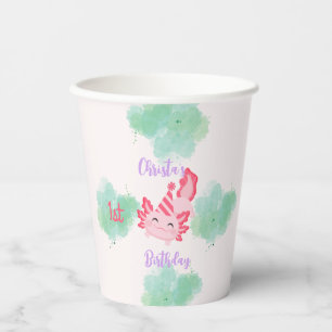 Girls Cute Pink Axolotl First Birthday Paper Cups