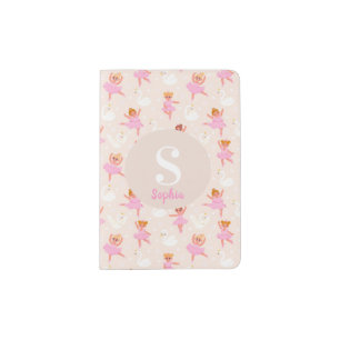 Girls Cute Pink Ballerina Pattern & Name Kids Passport Holder