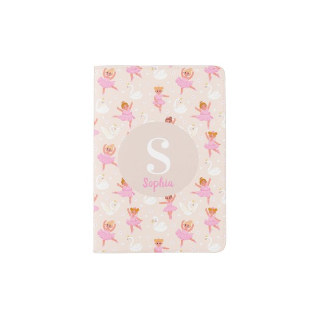 Girls Cute Pink Ballerina Pattern & Name Kids Passport Holder (Front)