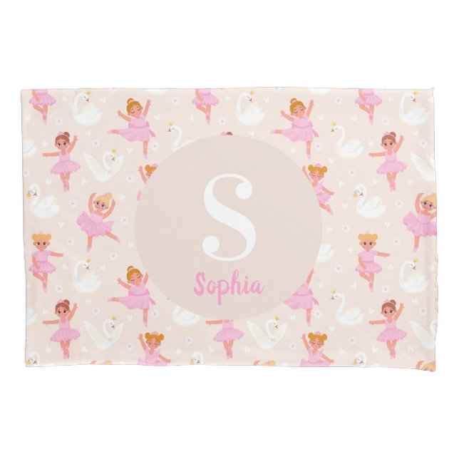 Girls Cute Pink Ballerina Personalized Kids Pillow Case (Front)
