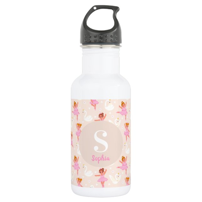 Girls Cute Pink Ballerina Swan Personalized Stainless Steel Water Bottle (Front)