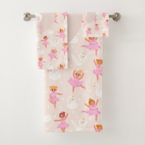 Girls Cute Pink Ballet Dancer Swan Kids Bath Towel Set