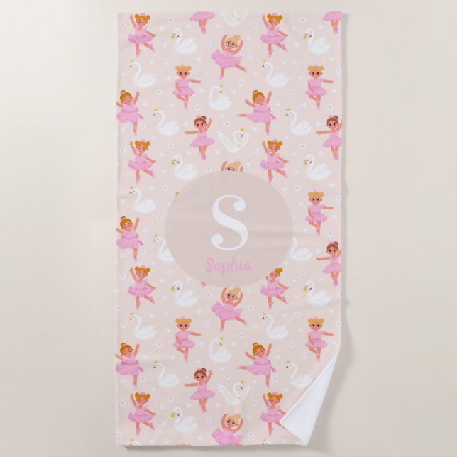 Girls Cute Pink Ballet Dancer Swan Personalized Beach Towel (Front)