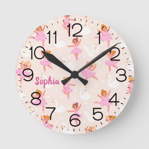 Girls Cute Pink Ballet Dancer Swan Personalized Round Clock