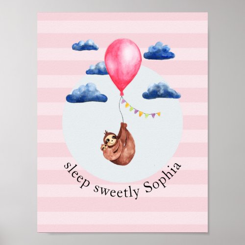 Girls Cute Pink Balloon Sloth Animal and Name Kids Poster