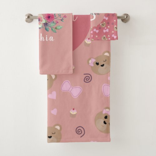 Girls Cute Pink Bear Cupcake Monogram Pattern Bath Towel Set